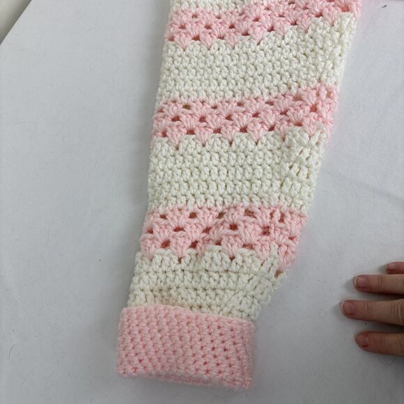Vtg Hand Crochet Cardigan Sweater Size Lg Duster Pockets Pink White Cottagecore - Picture 9 of 12